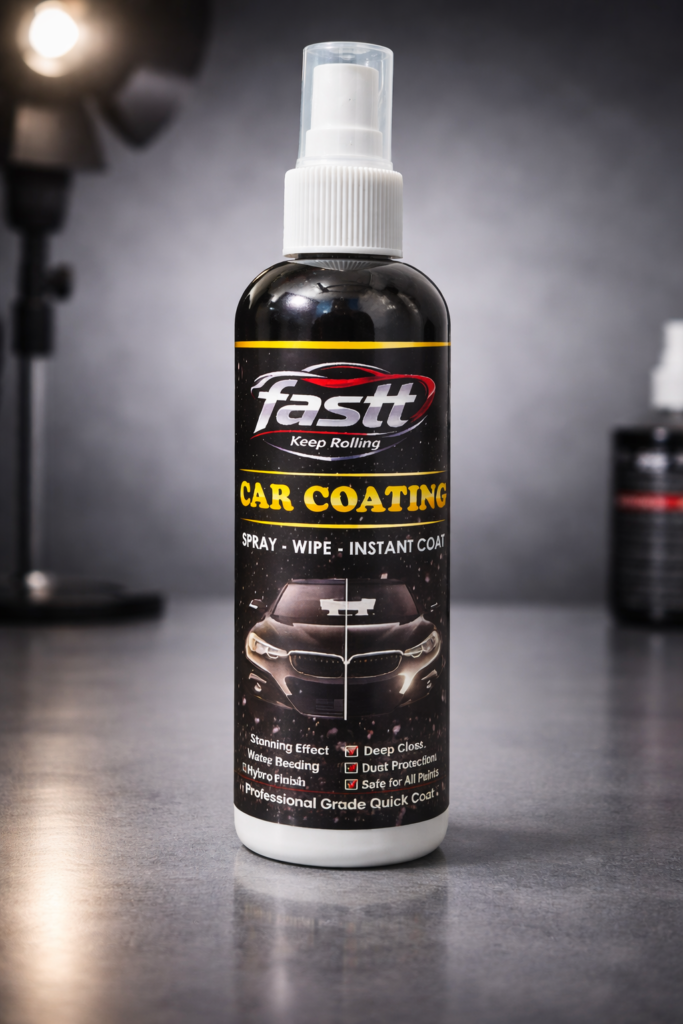 FASTT Quick Car Coating Spray featuring advanced infused ceramic coating technology delivers instant gloss enhancement, hydrophobic water-beading protection, UV resistance, and a smooth high-shine finish while helping protect vehicle paint against dust, dirt, road contaminants, and environmental damage.