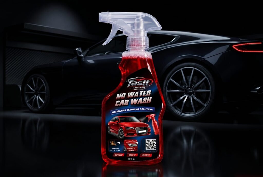 FASTT CAR CARE Waterless Car Wash spray bottle designed for instant car cleaning without water. Professional-grade formula removes dust, dirt, fingerprints, and light grime while enhancing shine and leaving a smooth, streak-free finish on car paint surfaces.