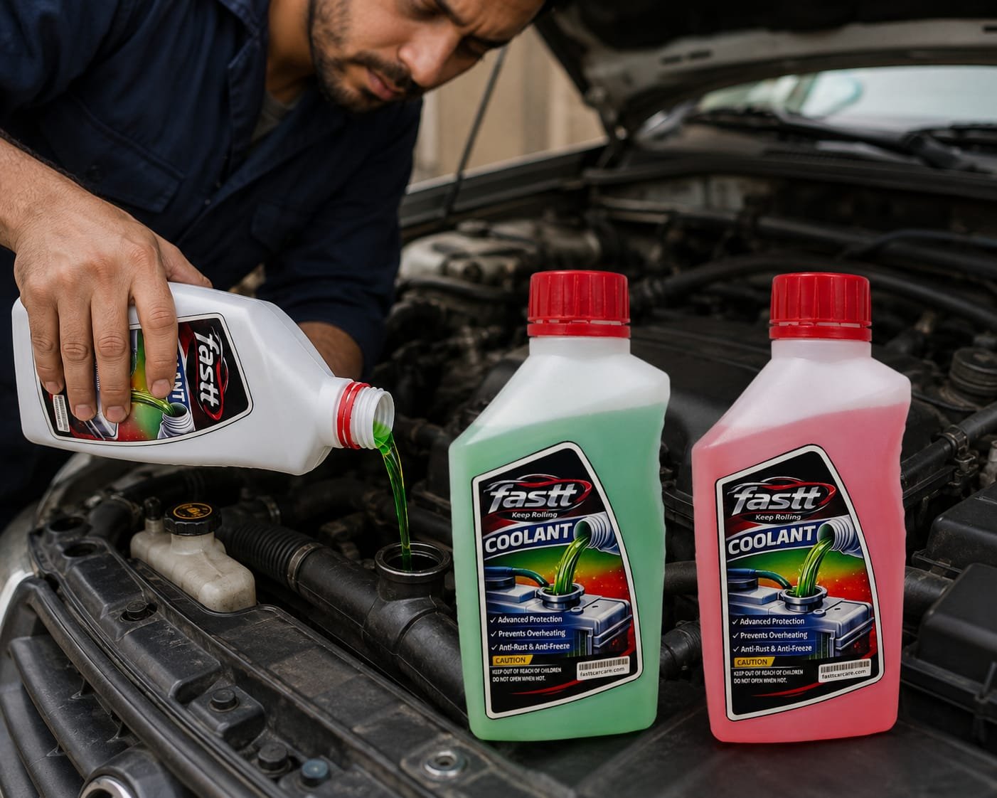 FASTT Engine Coolant red and green bottles for car radiator protection. Anti Freeze Anti Heat, Anti Rust. 1 L