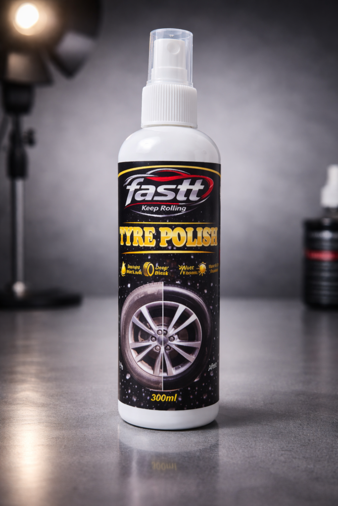 FASTT Tyre Polish restores deep black shine and enhances tire appearance while protecting against dust, fading, cracking, and UV damage with a long-lasting non-greasy finish.