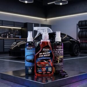 FASTT Complete Car Care Combo featuring Waterless Wash, Glass Cleaner, and All Purpose Cleaner bottles arranged together for professional interior and exterior vehicle cleaning with a premium showroom shine finish.