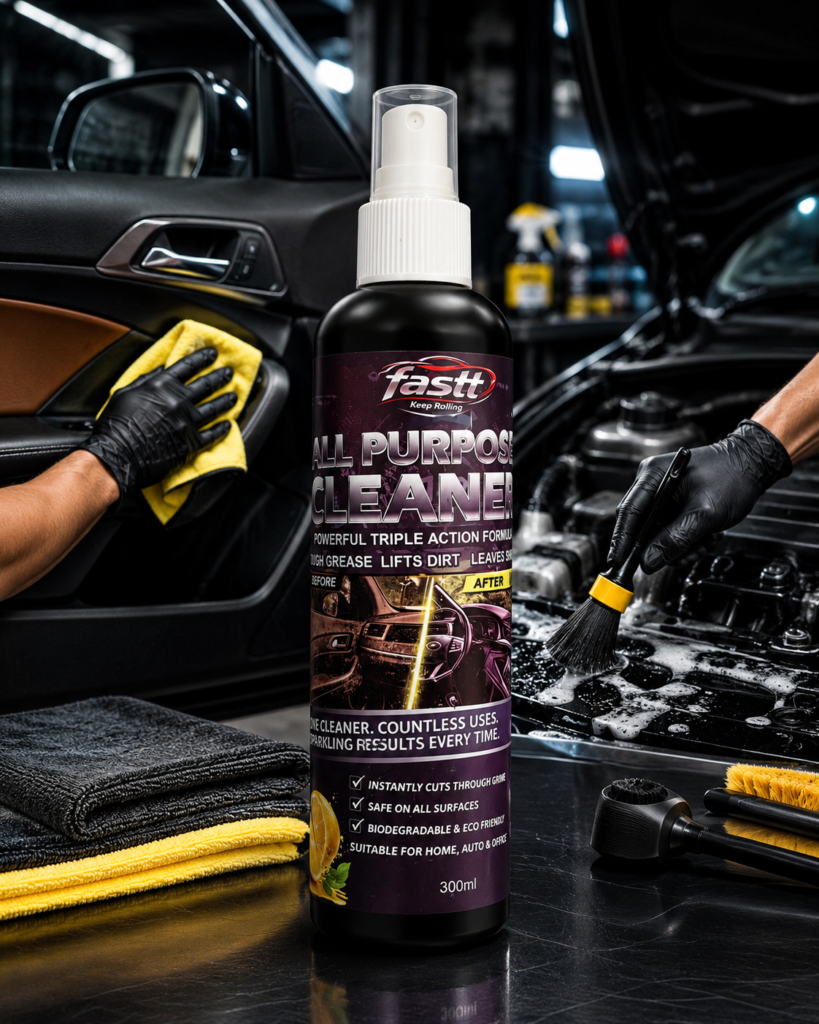 FASTT All Purpose Cleaner effectively removes dirt, grease, stains, fingerprints, and grime from interior and exterior surfaces while leaving a clean, fresh, residue-free finish for cars, home, kitchen, and office use.
