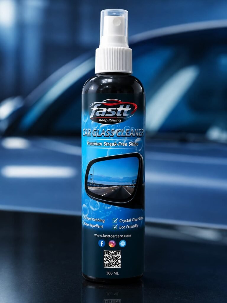 FASTT Car Glass Cleaner delivers crystal-clear visibility, streak-free shine, and hydrophobic water-repellent protection by removing dust, fingerprints, road film, and grime from car windows, windshields, and mirrors with a fast-acting professional formula.
