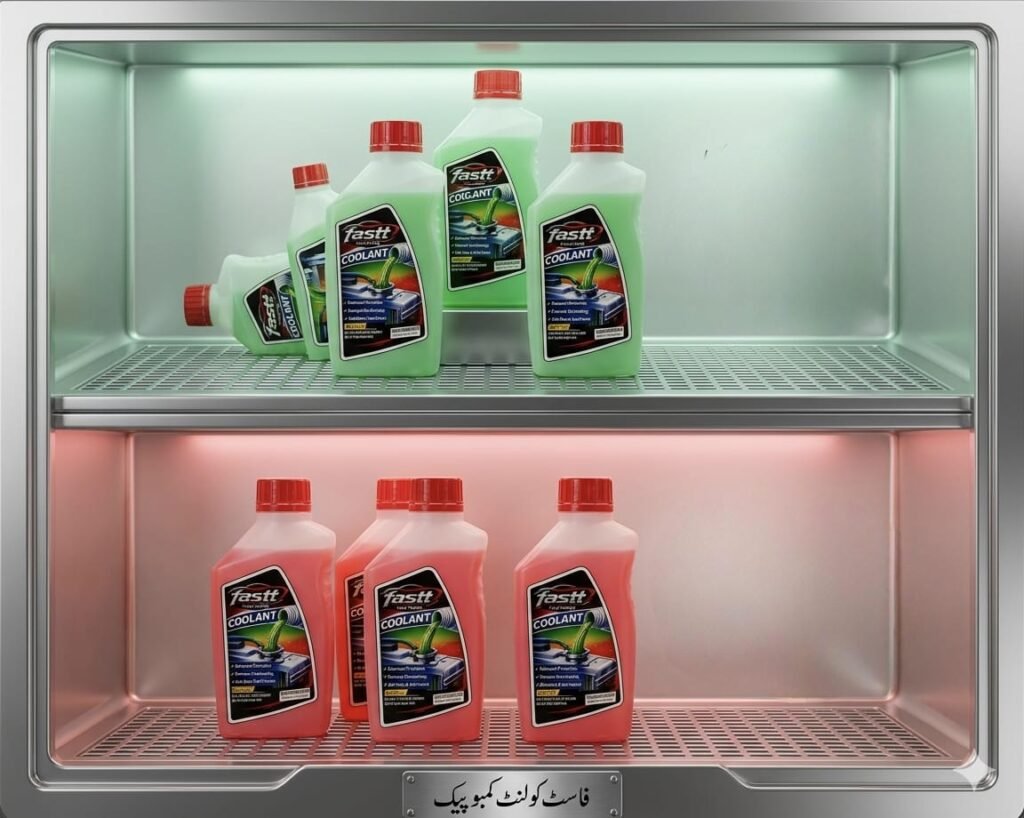 FASTT Engine Coolant 4 Bottle Combo Pack arranged together for advanced radiator protection, anti-overheating performance, and professional engine cooling maintenance.