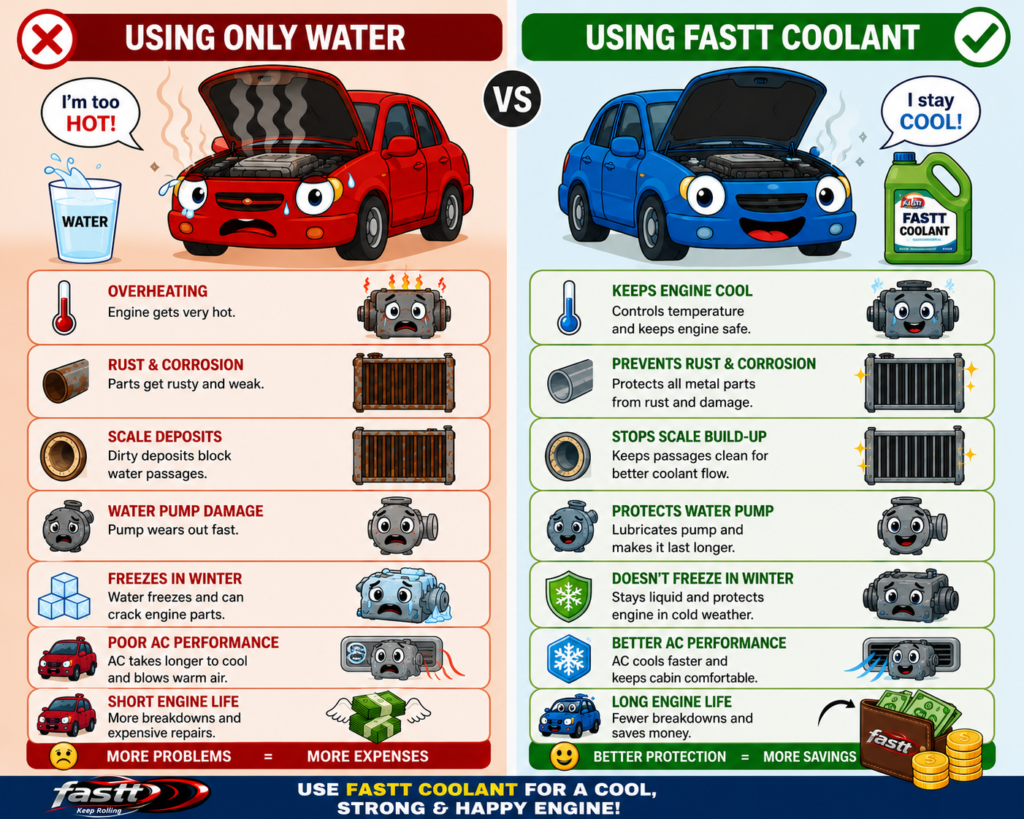 FASTT Coolant vs Water comparison showing how engine coolant prevents overheating, rust, scale buildup, improves AC performance, protects the water pump, and extends engine life compared to using only water.