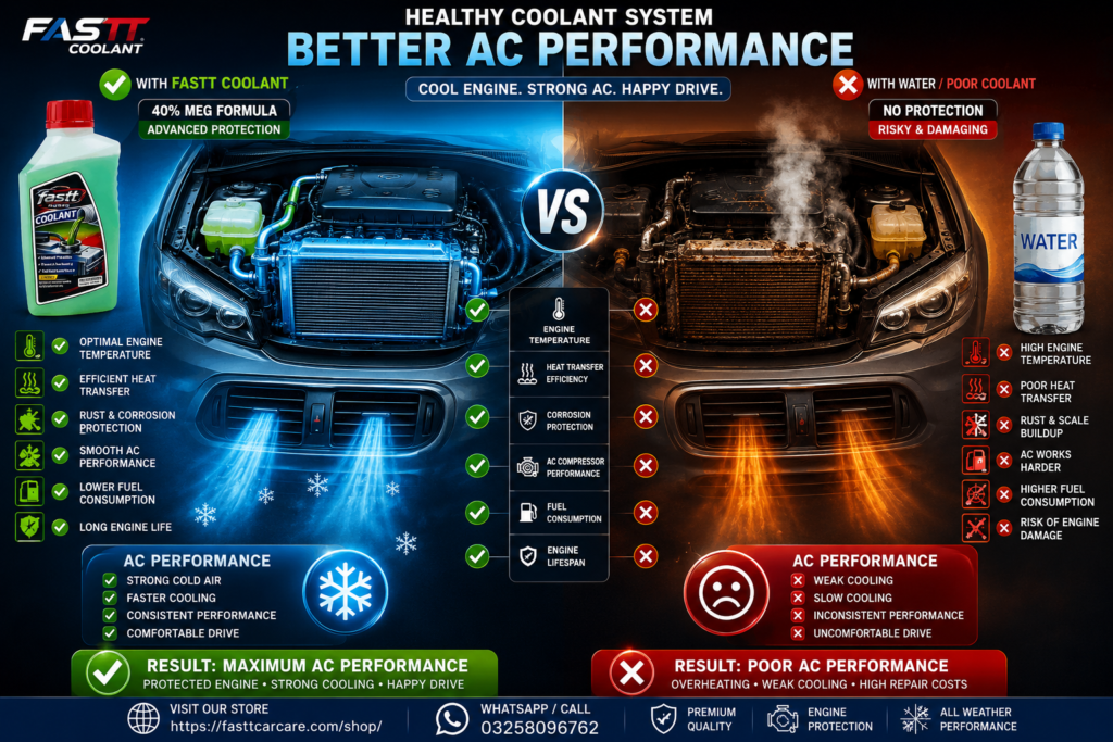 "FASTT Car Coolant vs Water – Better AC performance, cooler engine, and superior cooling system protection."
