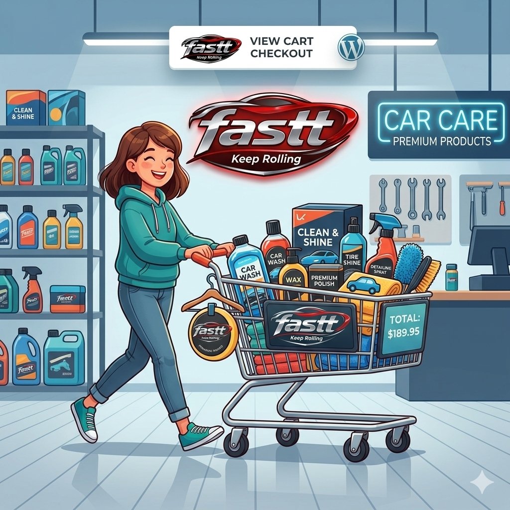 fastt car care products shopping cart page graphic featuring automotive detailing supplies, car wash, and wax.