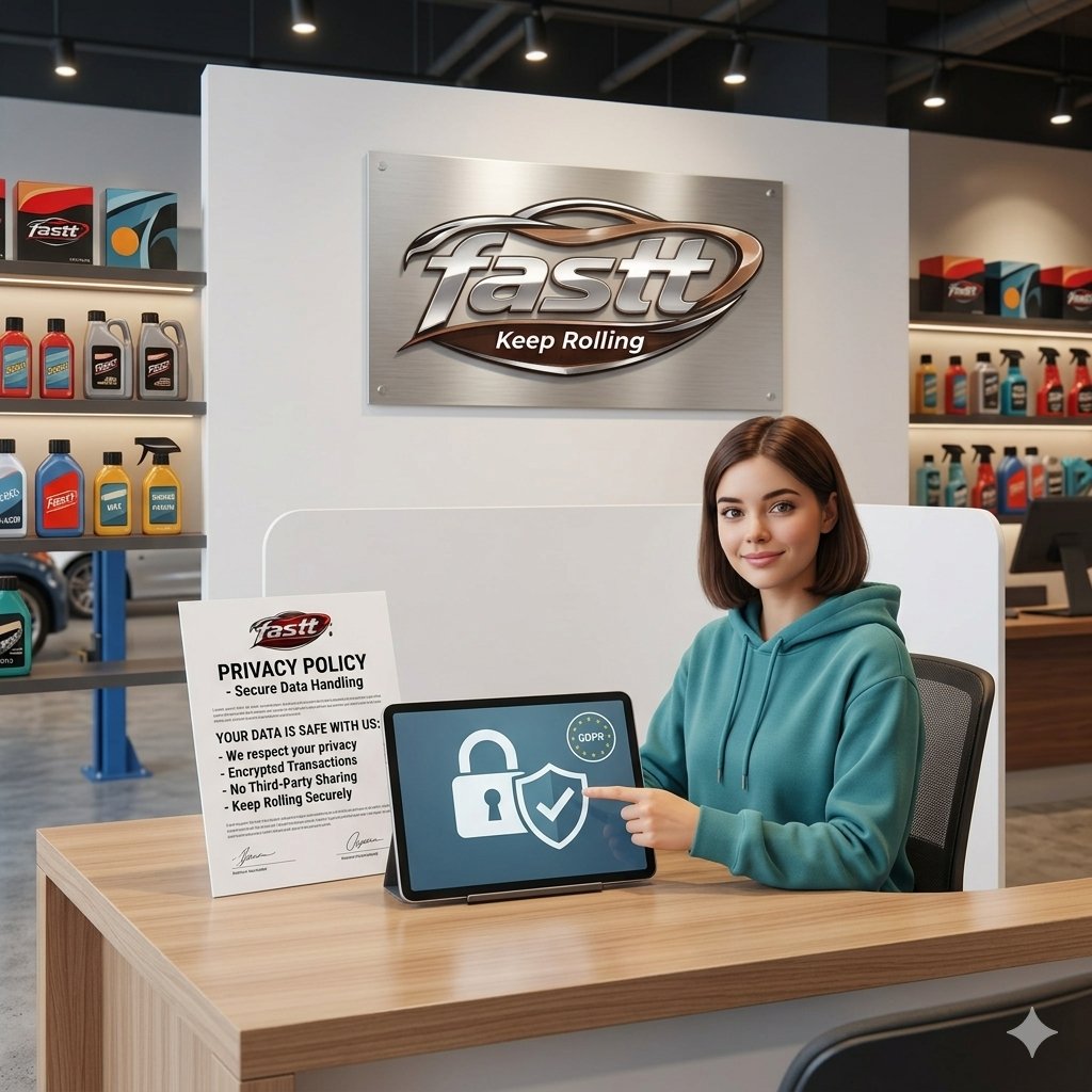 Data privacy protection graphic for the fastt car care e-commerce platform showcasing secure customer data encryption and legal compliance elements.