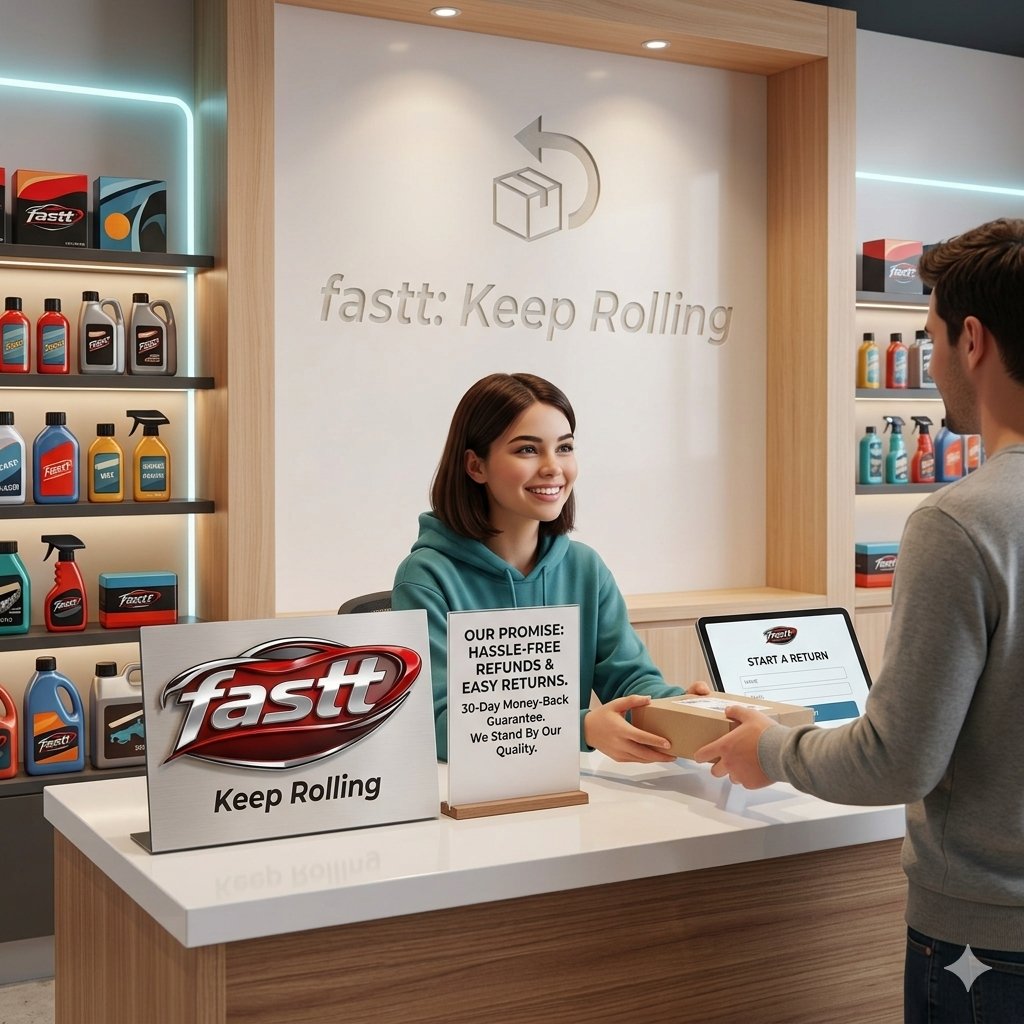 Hassle-free 14-day money-back guarantee and easy return policy graphic for fastt automotive car care product orders.