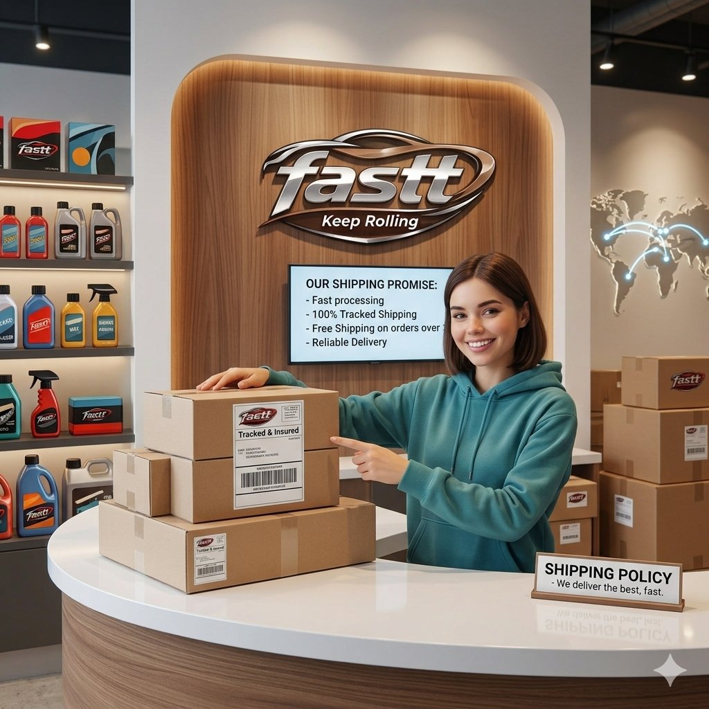 Fast shipping policy and order delivery tracking graphic for fastt automotive car care products e-commerce store.